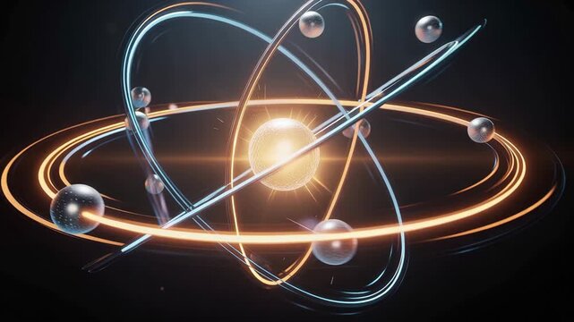 Vibrant atomic particle dance with glowing energy pulses illustrating dynamic science concept