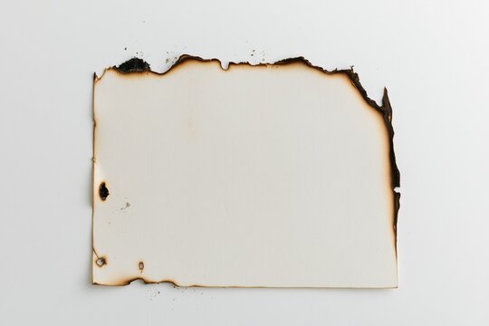 Blank sheet of heavy paper with irregular scorched edges and small charcoal blackened sections resting on seamless white surface, fine ash particles scattered naturally around perimeter while