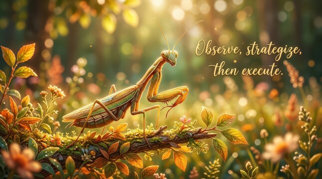 Praying Mantis on Branch in Sunlit Forest with Inspirational Quote: Observe, Strategize, Then Execute