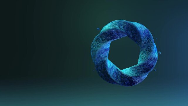 Abstract swirling blue and green torus shape against a dark, textured background, suggesting technology or science