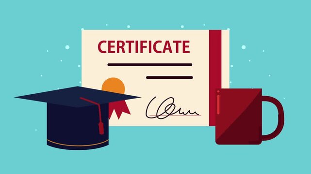 Animation of university diploma with graduation cap and coffee mug representing educational success and academic achievement.