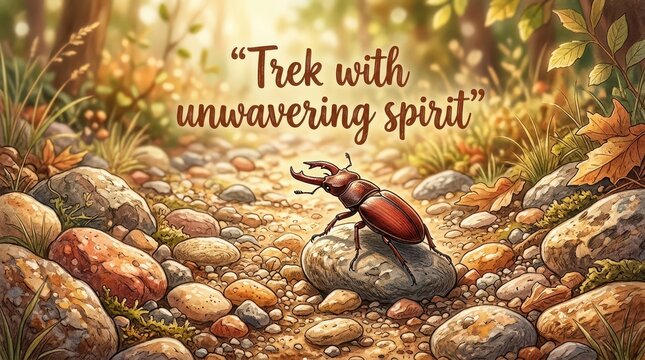 Stag beetle on a rocky path in a warm, autumnal forest, with inspirational quote "Trek with unwavering spirit"