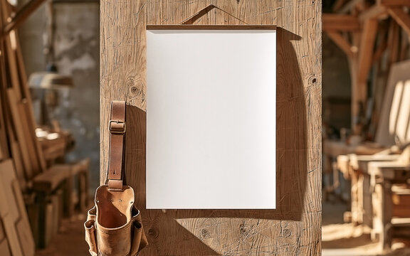 Blank Poster Mockup Hanging on a Wooden Wall in a Carpentry Workshop