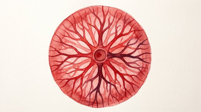 Abstract Circular Blood Vessel Network Illustration Painted In Red Watercolor
