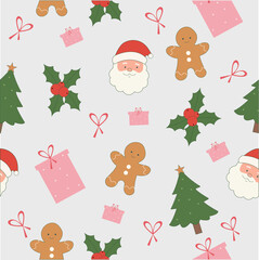 Naklejka premium Christmas Seamless Pattern with Santa claus, Gingerbread man, and trees