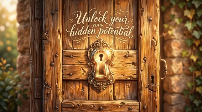 Old wooden door with ornate keyhole and text "Unlock your hidden potential", symbolizing opportunity and self-discovery