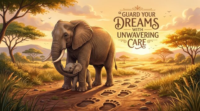Mother and baby elephant walking on a dirt path in the savanna at sunset with a motivational quote