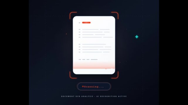 A digital interface featuring a document scanning frame with a progress bar and text prompt on a dark blue background, representing document processing technology.