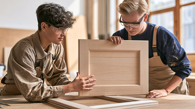 Young Woodworkers Inspecting Handmade Wooden Cabinet Door in Workshop