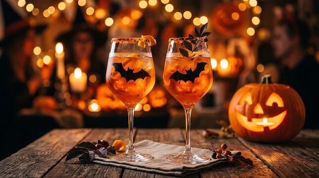 Two glasses of orange halloween cocktail with bat decorations and a glowing carved jack o lantern