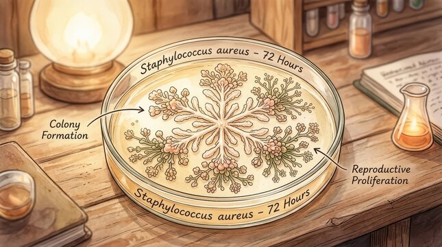 Staphylococcus Aureus Colony Growth in Petri Dish Showing Reproductive Proliferation and Colony Formation Over 72 Hours, Scientific Illustration