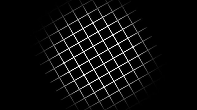 Black background with animated thin white wireframe grid line fit for alpha channel or overlay layer. Mesh shiny tile-like creative animated video . Grid graph pattern moving vertically downward
