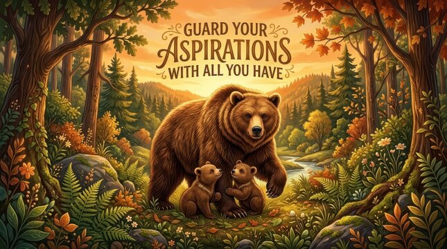 Mother Bear Protecting Cubs in Enchanted Forest with Motivational Quote "Guard Your Aspirations With All You Have"