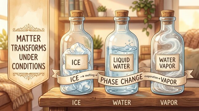 States of Matter: Ice, Liquid Water, and Water Vapor in Glass Bottles Showing Phase Transitions