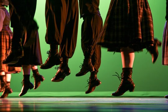 Lower legs and feet of multiple folk dancers in dark traditional shoes suspended midair during synchronized step choreography on polished wooden stage under warm directional lighting against