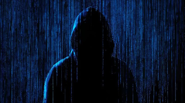 Silhouette of hacker isolated on black background with binary codes, cybersecurity concept showing digital threat, programming, data protection and advanced technology security risks