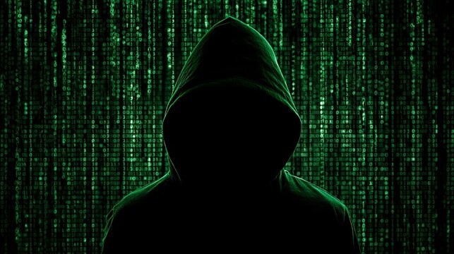 Silhouette of hacker isolated on black background with binary codes, cybersecurity concept showing digital threat, programming, data protection and advanced technology security risks
