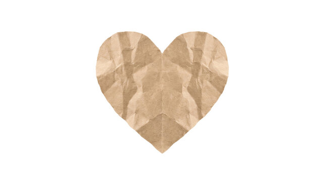Heart shape made from crumpled brown kraft paper is centered on a solid gray background for a rustic design.