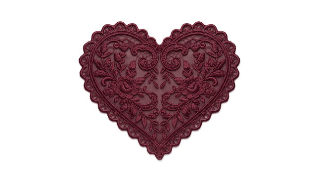 Intricate burgundy heart shaped lace embroidery with floral patterns and scalloped edges on a plain white background.