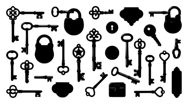 Keys set with antique keys and lock mechanisms featuring ornate designs, vintage style, metal texture with aged appearance and detailed engravings