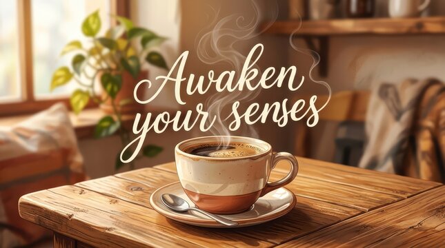 Steaming cup of coffee on rustic wooden table, morning sunlight, cozy atmosphere, awaken your senses