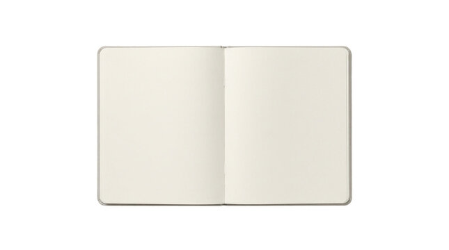 This top view shows an open blank sketchbook with empty white paper pages isolated on a solid white background.