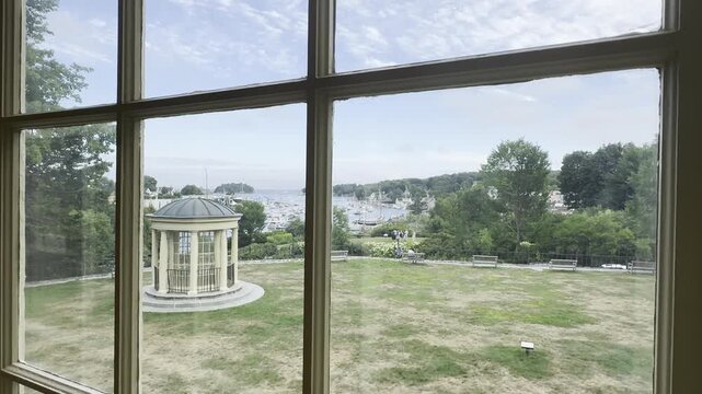Camden Public Library Gazebo and Camden Harbor Maine from Library Window