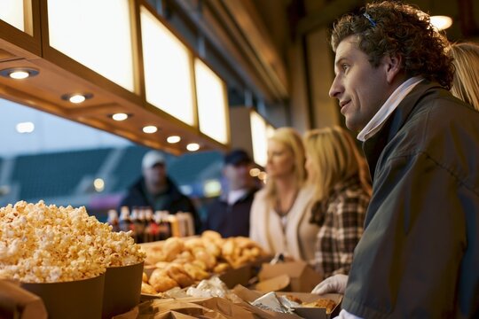 Man with curly hair in dark jacket looking toward service counter where popcorn tubs warm snacks bottled beverages and packaged food arranged under bright menu displays while spectators gather