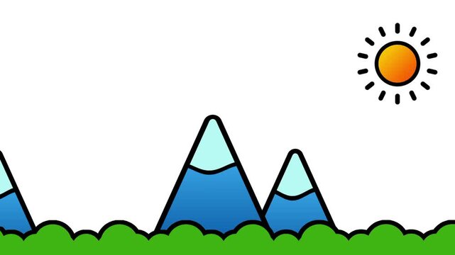 A scenic mountain range illustration with snow capped blue peaks green rolling hills and a bright sun shining over a clear open sky