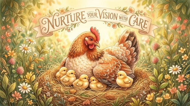 Mother hen and chicks in a nest surrounded by flowers, with banner saying Nurture Your Vision With Care
