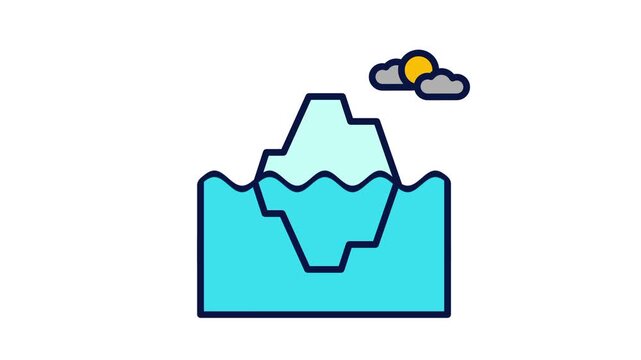 A large floating iceberg icon surrounded by blue ocean water with a sun and clouds visible in the sky above
