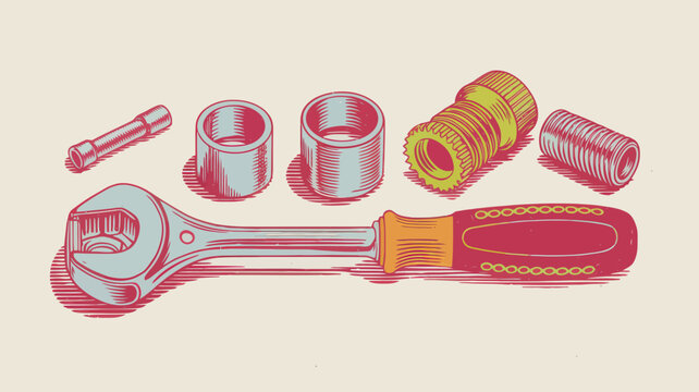Vintage hand tools vector illustration, retro socket wrench and plumbing hardware, mechanical repair equipment set