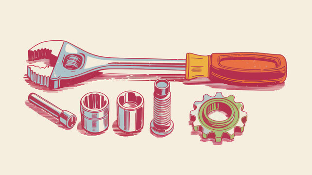 Retro hand tools vector illustration, vintage adjustable wrench and socket set, mechanical repair equipment icons