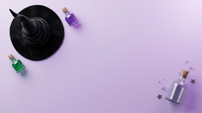 Witch hat and potion bottles on light purple background hallowen theme