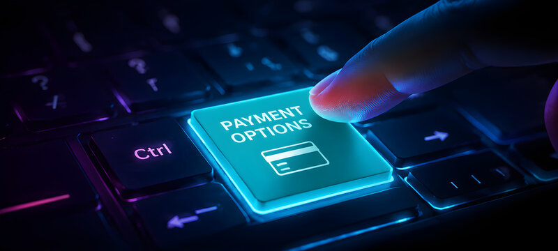 Finger Pressing Glowing Cyan Payment Options Button with Credit Card Icon on Keyboard