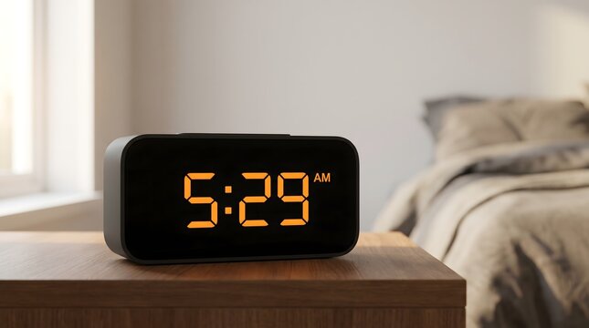 Black digital alarm clock displaying five twenty nine am on a wooden nightstand in a bedroom with bedside table bedroom interior morning time wake up clock digits modern