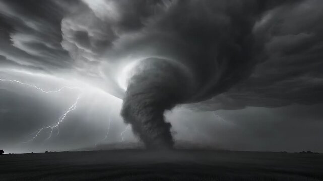Powerful tornado swirling with dramatic lightning strikes during a dark storm