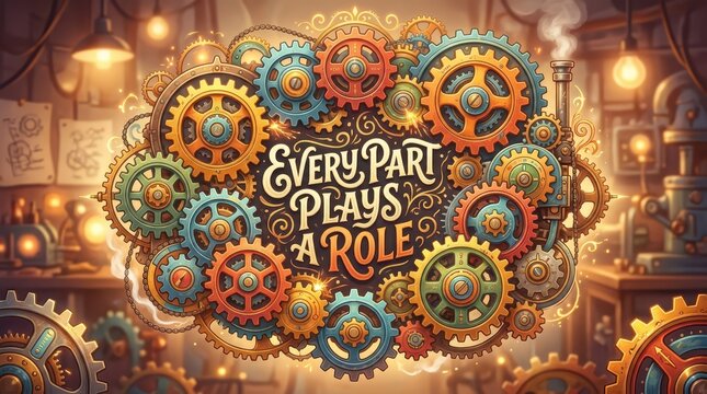 Steampunk Concept: Intricate Gears and Clockwork Forming the Phrase 'Every Part Plays a Role' in a Workshop