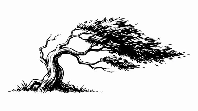 Black and white line art illustration of a detailed tree branch with leaves and small birds perched on twigs botanical line drawing monochrome tree