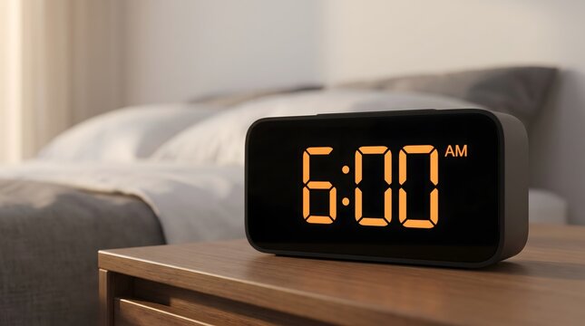 Digital alarm clock displaying six o'clock am on a wooden bedside table in a cozy bedroom with electronic clock wake up wooden furniture interior design modern clock interior