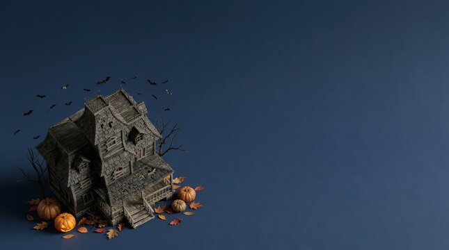 Haunted house model with pumpkins and autumn leaves on a blue background hallowen theme