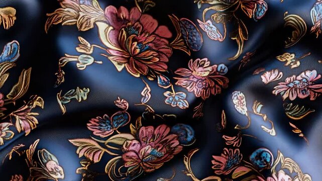 Close-up of luxury silk fabric with ornate floral patterns and gold accents