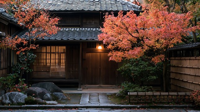 Traditional Japanese house with autumn leaves and garden at dusk.