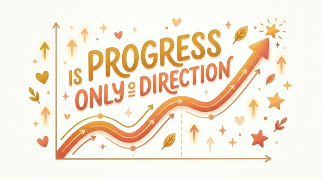 Motivational graphic showing an upward trending arrow graph with the text 'Progress is Only Direction' and decorative elements