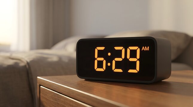 Black digital alarm clock showing six twenty nine am on a wooden nightstand in a cozy bedroom with bedside table bedroom interior morning time wake up clock digits waking