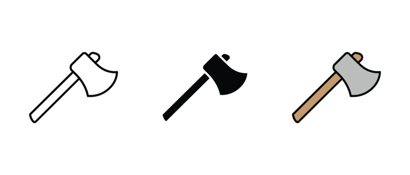 Wood axe icon set. Logging tool symbol, sharp cutting sign, lumberjack or equipment vector illustration.