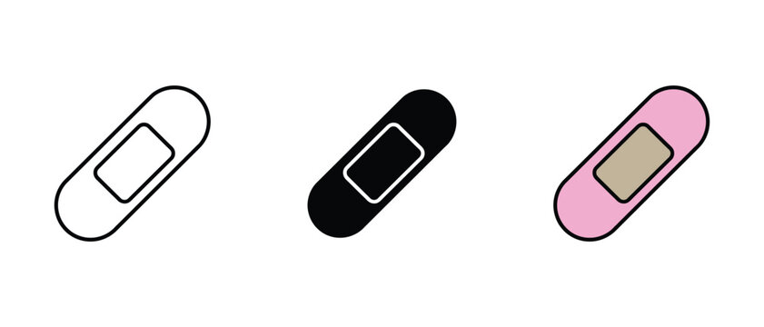 Adhesive bandage icon set. Medical plaster symbol, first aid sign, healthcare or wound care vector illustration.