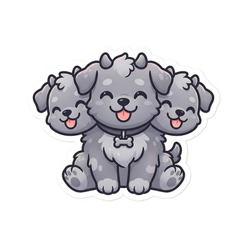 Three-Headed Cute Dog: An adorable, stylized illustration of a three-headed dog, each head featuring a cheerful expression and its tongue out.