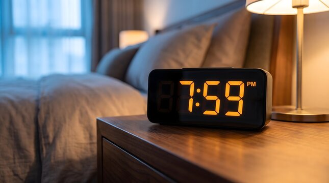 Digital alarm clock displaying 7:59 pm on a wooden bedside table in a comfortable hotel room with led clock wake up seven fifty nine nightstand digital display interior