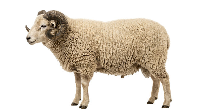 Full body side view of a large ram with thick wool and curved horns standing on a white background.